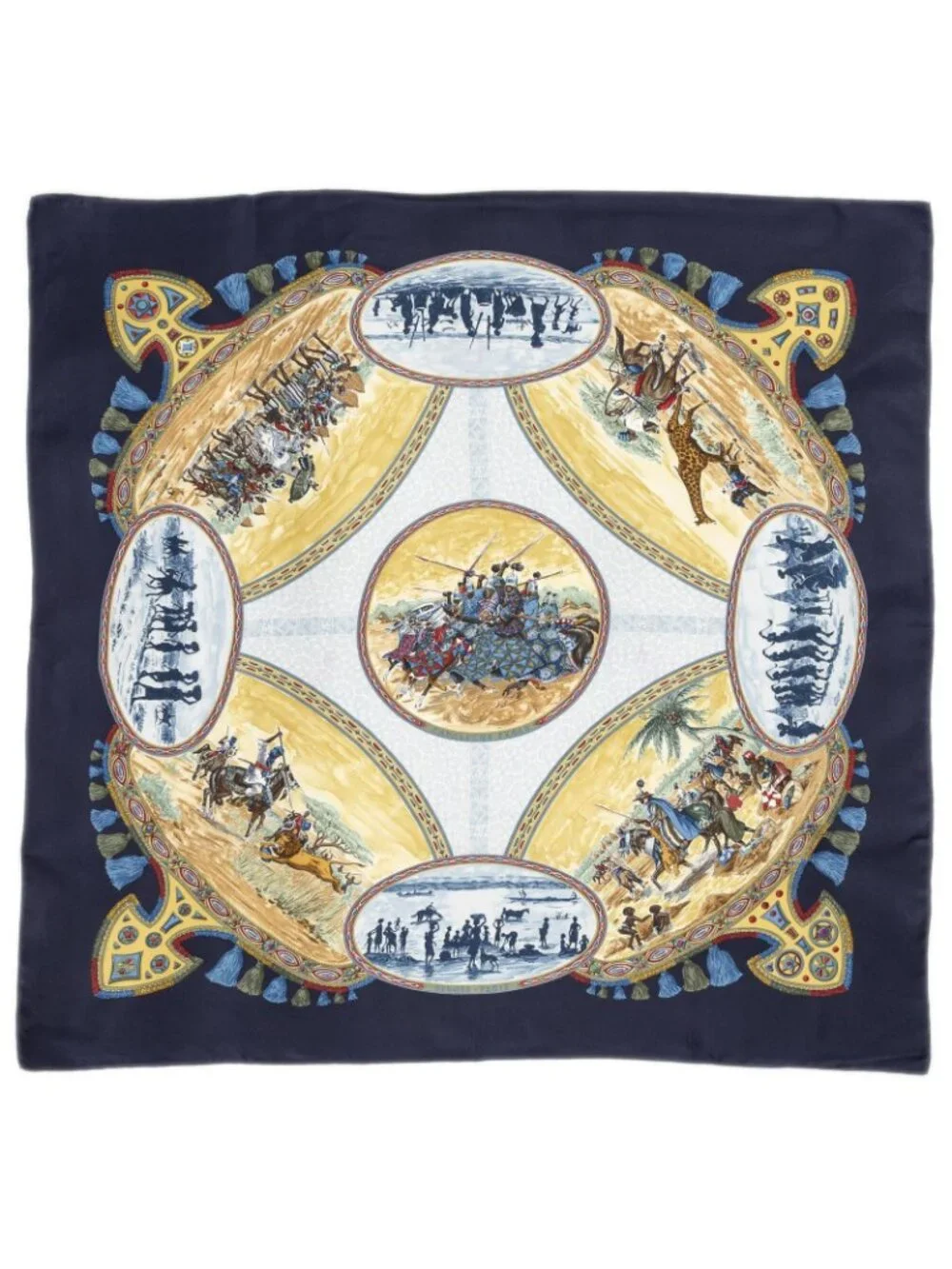 Hermes Scarf Navy Beige Light Blue 100% Twill Silk
